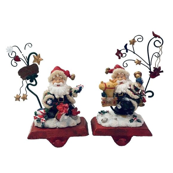 Christmas Stocking Hangers  Santa Cast Iron Base Ornate Resin Set Of 2 - Picture 1 of 16
